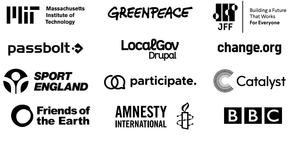 Logos of clients we worked with, including MIT, Friends of the Earth, and Sport England